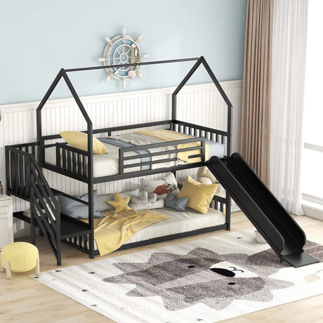 Favfurish Twin Over Twin-Size Metal Bunk Bed House-Shape-Bed with Slide and Staircase,No Box Spring Needed, Easy to Install, for Kids, Girls, Boys,Black Favfurish