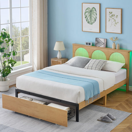Garveehome Rattan Full Size Bed Frame with Natural Rattan Headboard and Storage Drawers, Full Bed Frames with LED Strips and Strong Woode Slats Support, Bed Frame Platform Bed Frame Full Garveehome