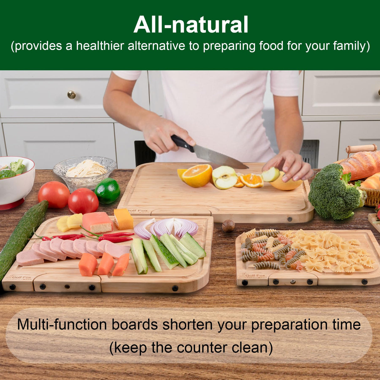 GolfFox Wooden Cutting Boards for Kitchen, Double-Sided: Wooden Chopping Board and Charcuterie Board, Bamboo Cutting Board Set with Holder, Wood Cutting Board Set with Stand, Wooden Cutting Board Set GolfFox