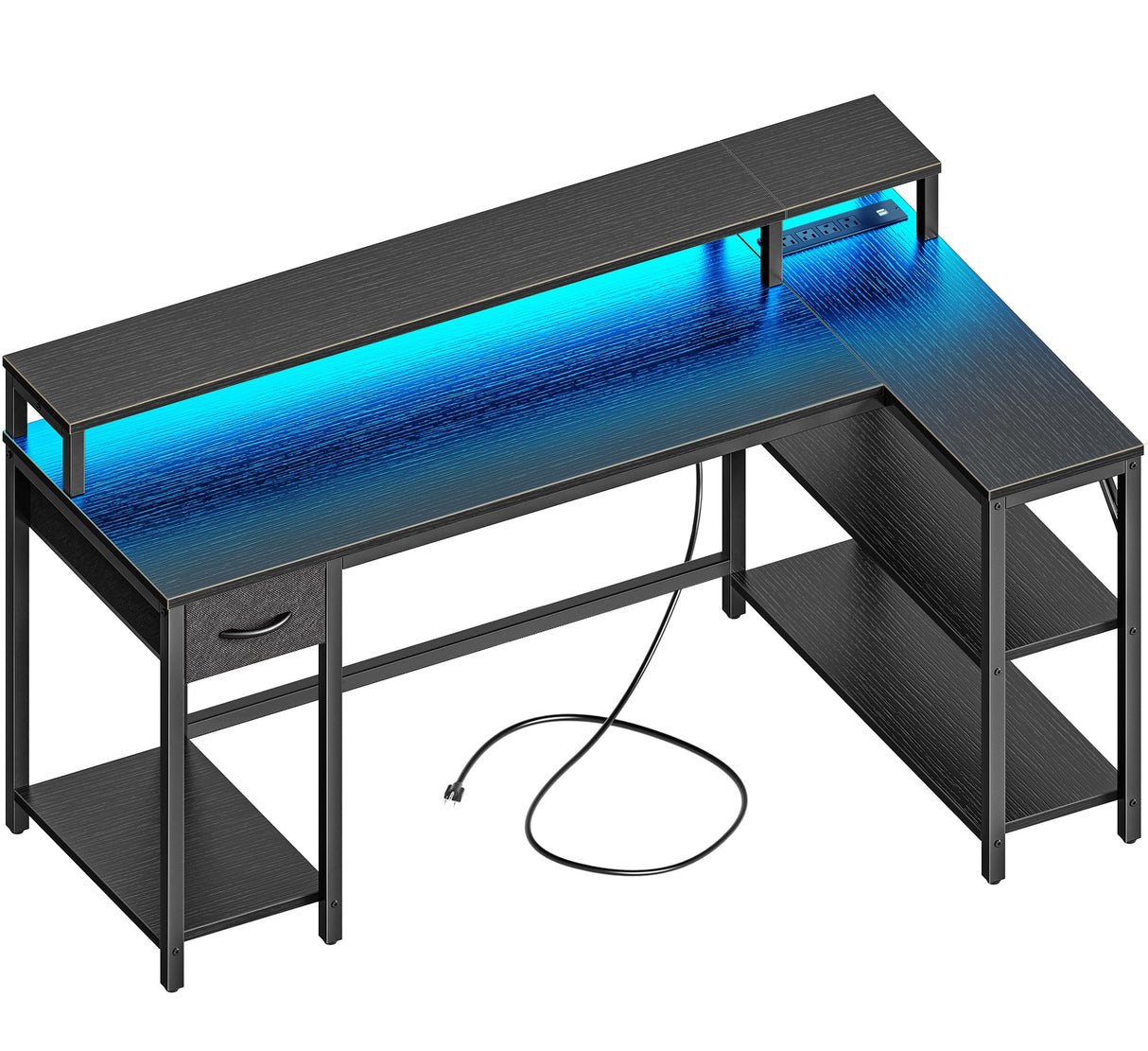SUPERJARE 53 inch Reversible L Shaped Desk with LED Lights & Power Outlets, Computer Desk with Shelves & Monitor Stand, Gaming Desk with Drawer, Home Office Desk Corner Desk, Black SUPERJARE