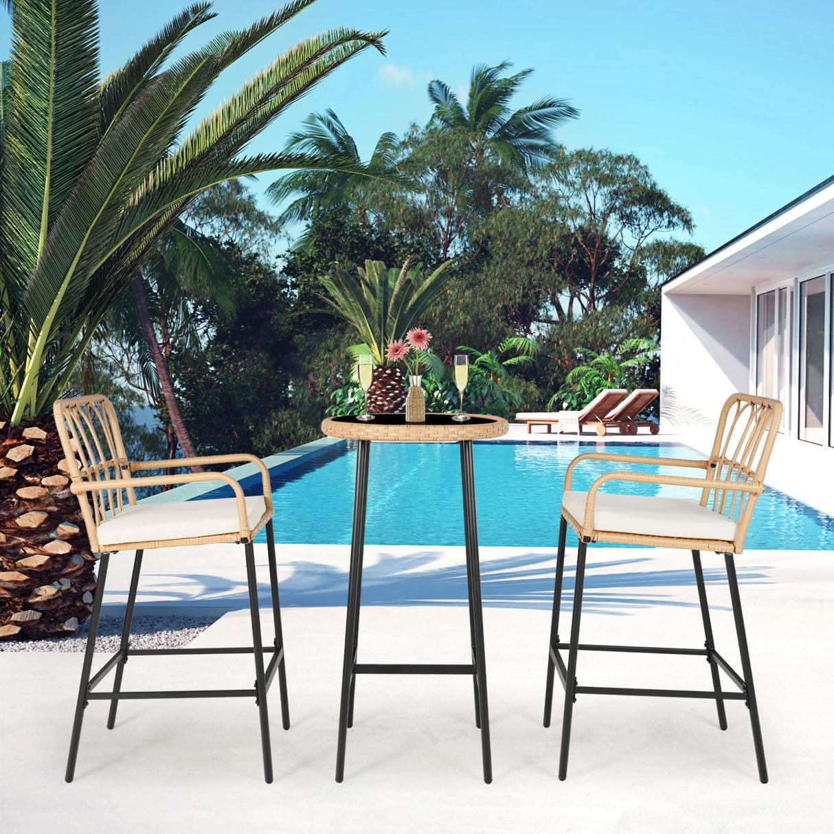 LYNSLIM Outdoor Bar,3 Piece Height Table Patio Rattan Wicker Furniture Chairs Set,22" Patio Bar Table and Outdoor Bar Stool Set of 2,with Removable Cushions for Backyards, Porches (Set for 3) LYNSLIM