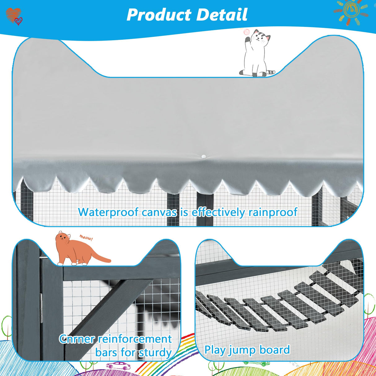 74" Large Wooden Outdoor Cat Catio Enclosure, 6×4ft Walk in Cats House Outside, Cat Shelter Kitty Cage with Sleeping Houses, Bridges, Walking Paths, 3 Doors, Weatherproof Cover Hohuqeri