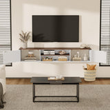 Floating TV Stand with Doors, 63'' Farmhouse Floating TV Shelf for TVs up to 80 Inch, 2 Tier Wall Mounted TV Stand, Floating Entertainment Center, TV Floating Cabinet for Living Room, Bedroom, White ALLSTAND