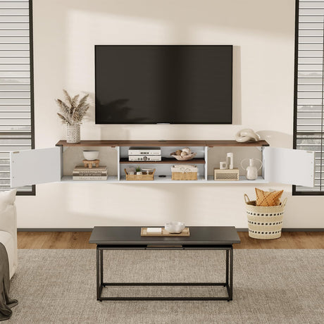 Floating TV Stand with Doors, 63'' Farmhouse Floating TV Shelf for TVs up to 80 Inch, 2 Tier Wall Mounted TV Stand, Floating Entertainment Center, TV Floating Cabinet for Living Room, Bedroom, White ALLSTAND