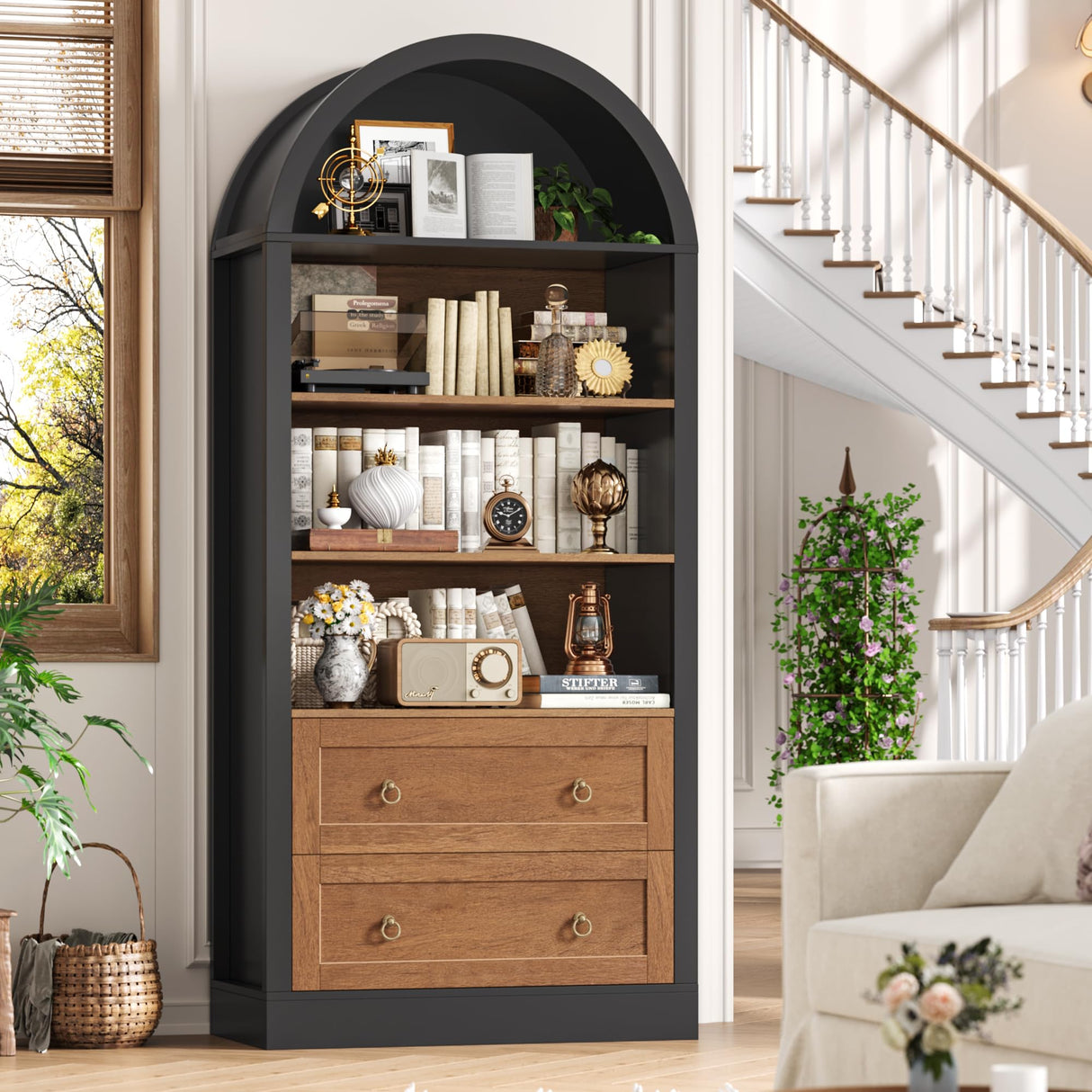 FINETONES 70" Tall Arched Bookcase with Drawers, 6-Tier Arched Cabinet with Open Display Shelves, Farmhouse Wooden Bookshelf Storage Cabinet for Living Room, Home Office (Black/Brown) FINETONES