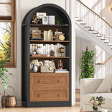 FINETONES 70" Tall Arched Bookcase with Drawers, 6-Tier Arched Cabinet with Open Display Shelves, Farmhouse Wooden Bookshelf Storage Cabinet for Living Room, Home Office (Black/Brown) FINETONES