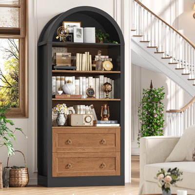 FINETONES 70" Tall Arched Bookcase with Drawers, 6-Tier Arched Cabinet with Open Display Shelves, Farmhouse Wooden Bookshelf Storage Cabinet for Living Room, Home Office (Black/Brown)