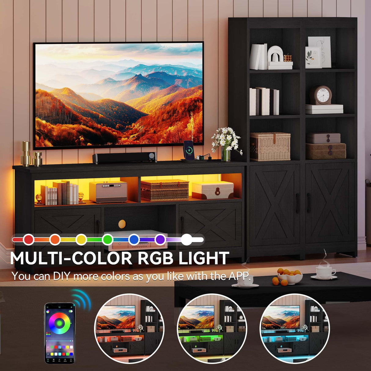 YITAHOME Farmhouse TV Stand for 65inch TV, Entertainment Center with Storage, Adjustable LED Lights & Power Hub, TV Cabinet with Bookshelves for Living Room/Apartment, Black YITAHOME