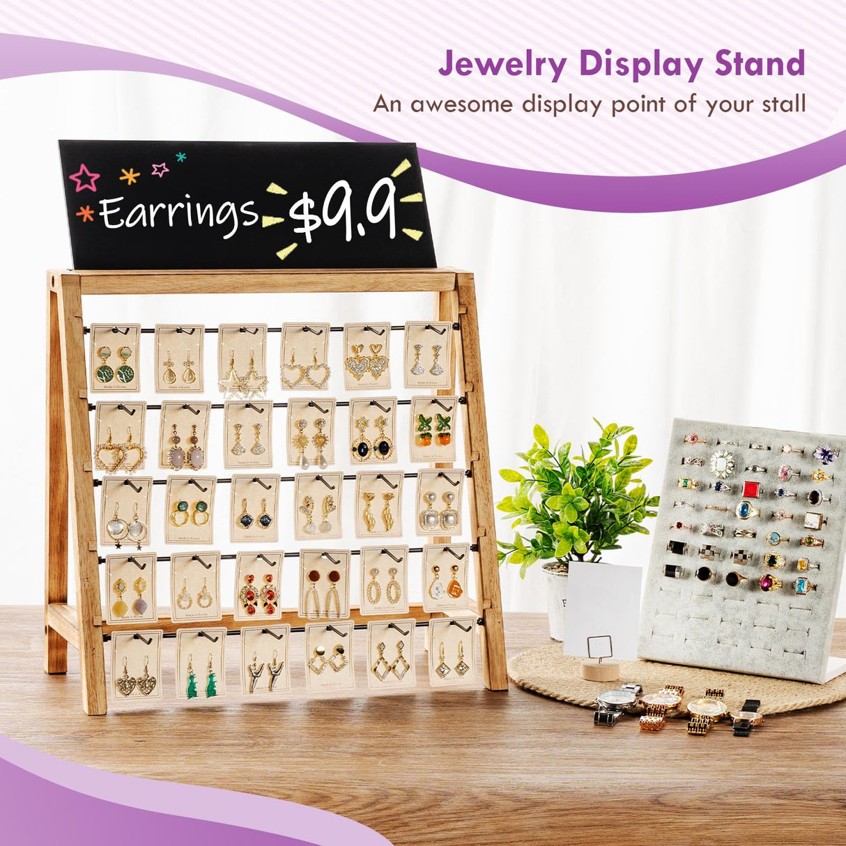 Poyilooo Jewelry Display for Vendors Selling, Wood Earring Bracelet Keychain Display for Vendors with Adversitsing Board 30 Hooks, Large Capacity Jewelry Holder Display Stands Rack for Earring Card Poyilooo