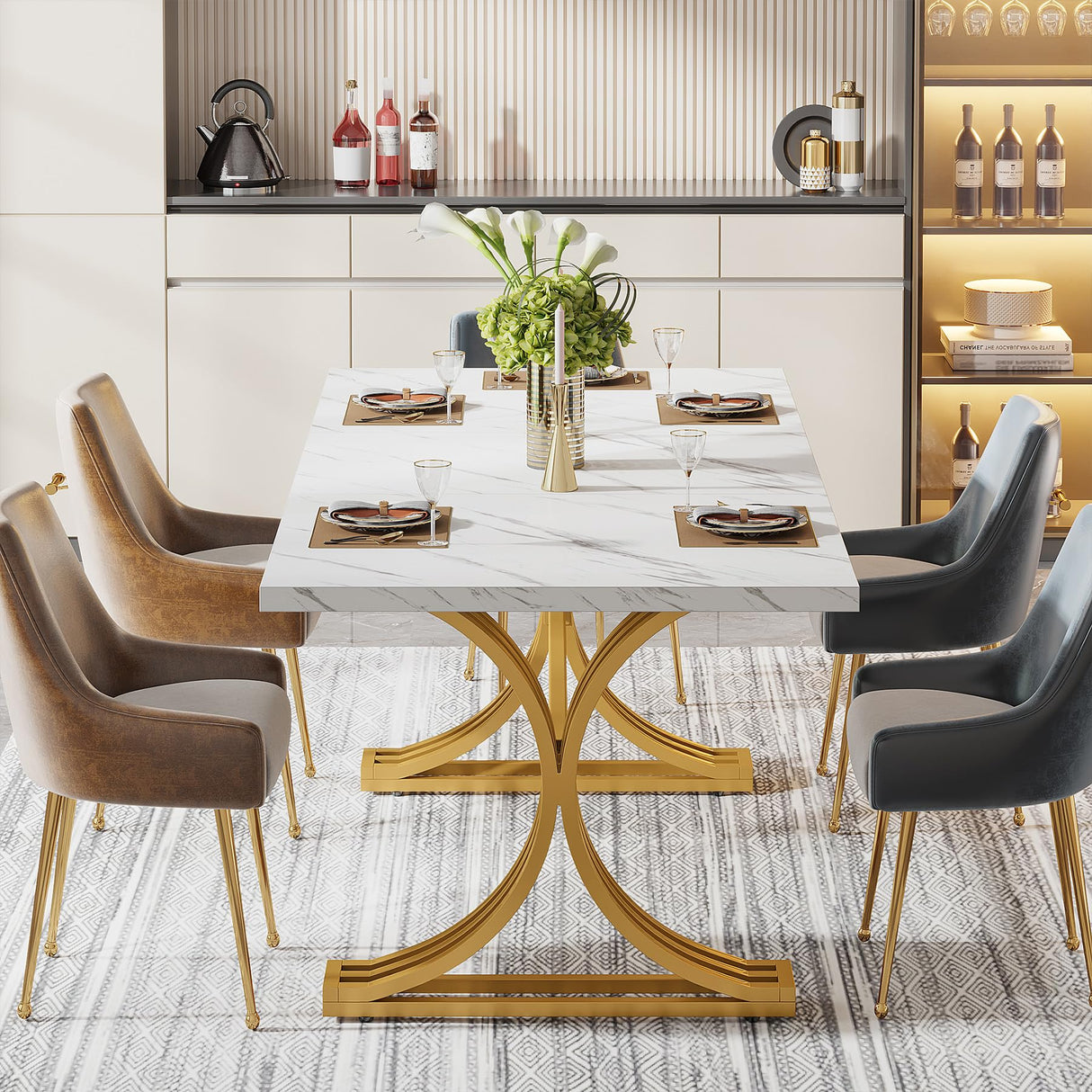 Tribesigns 63-Inch Rectangular Dining Table for 4 to 6, Modern Kitchen Table with Faux Marble Table Top and Stylish Metal Legs, White and Gold Dinner Tables for Dining Room, Kitchen Tribesigns