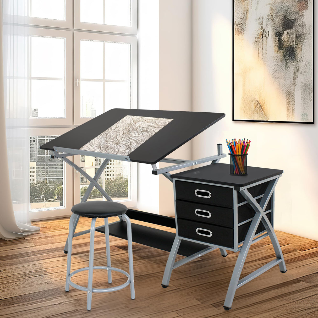 JupiterForce Drafting Table with Tiltable Tabletop and Stool, 3 Storage Drawers, Art Desks for Adults, Painters, Work Station, Home Office, Black JupiterForce