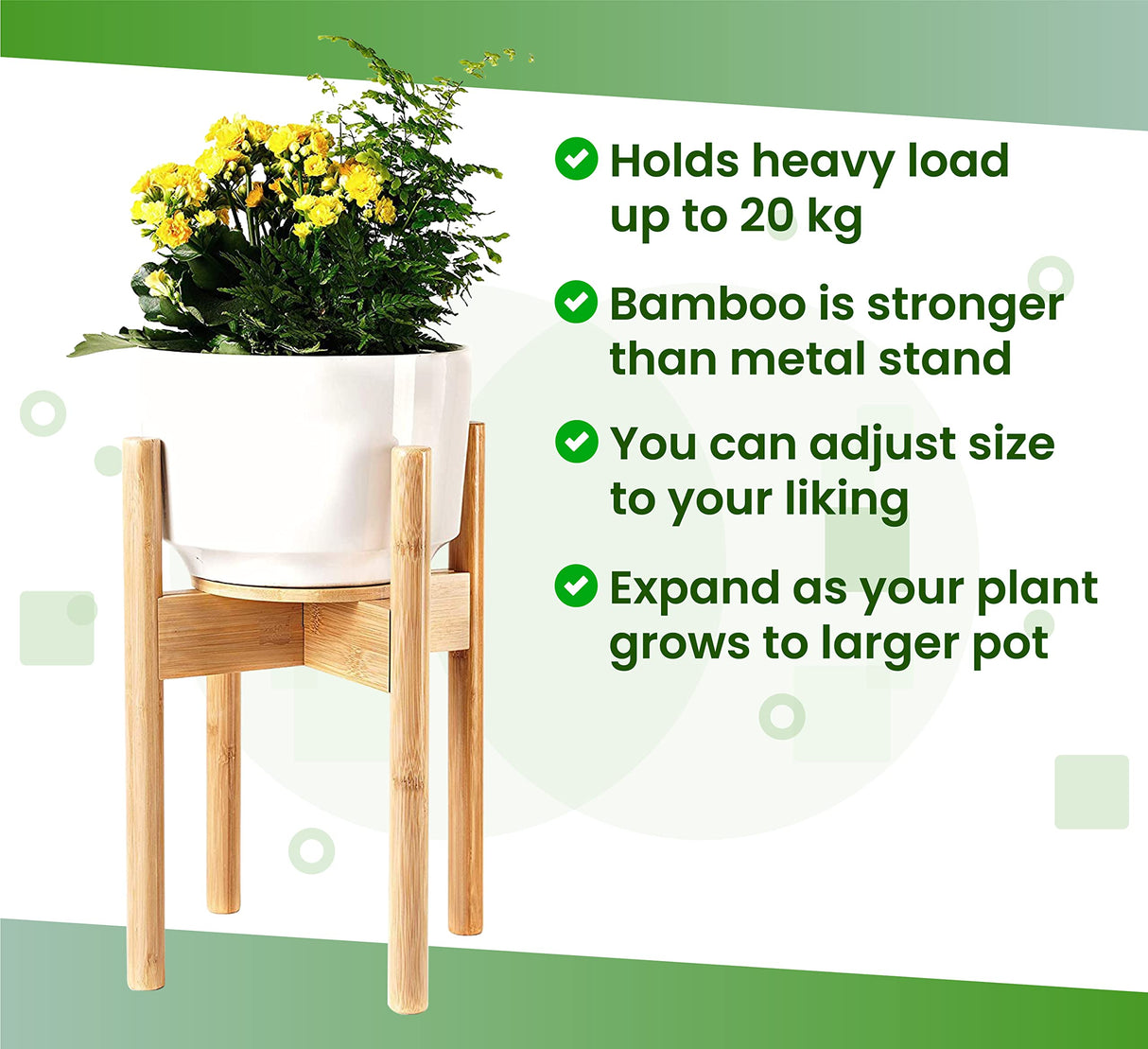 ZPirates Plant Stand for Indoor - Adjustable Sideways to fit 8 10 or 12 Inch-wide Medium-Large Planter Pots of Live and Fake Floor Plants [Leg14-inch Tall] - Bamboo Wood ZPirates