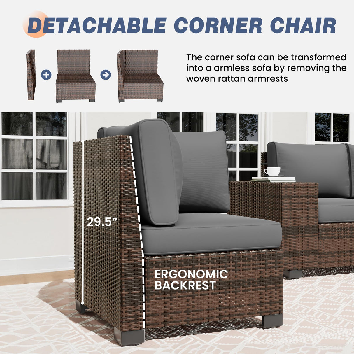 Amopatio 8 Inch Armrest Outdoor Sectional, 6 Piece Patio Furniture Set Sectional Sofa with Coffee Table for Garden Backyard, 4'' Thickened Cushion Amopatio