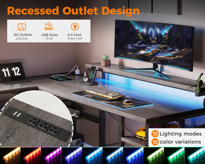 ODK Reversible L-Shaped Gaming Desk with Power Outlets, LED Lights, and Storage Drawers in Grey - WoodArtSupply