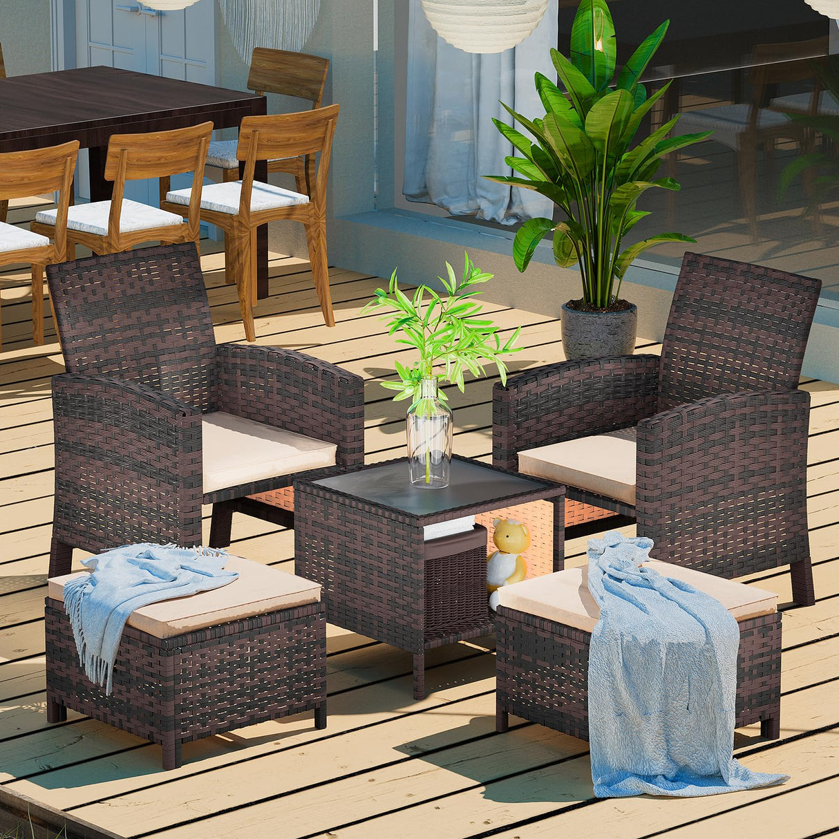 LEVELEVE Balcony Furniture 5 Piece Patio Conversation Set, PE Wicker Rattan Outdoor Lounge Chairs with Soft Cushions 2 Ottoman&Glass Table for Porch, Lawn-Brown Wicker LEVELEVE