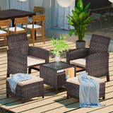 LEVELEVE Balcony Furniture 5 Piece Patio Conversation Set, PE Wicker Rattan Outdoor Lounge Chairs with Soft Cushions 2 Ottoman&Glass Table for Porch, Lawn-Brown Wicker LEVELEVE