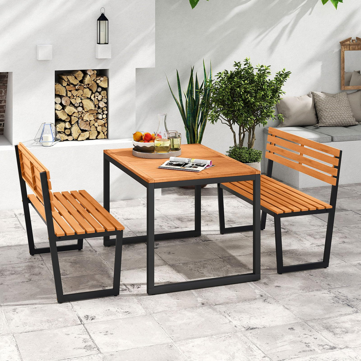 Giantex Outdoor Bench, 43"×22"×33" Acacia Wood Patio Loveseat with Backrest, Heavy Duty Metal Frame, 800 lbs Weight Capacity, 2-Person Garden Bench for Lawn, Porch, Yard and Park Giantex