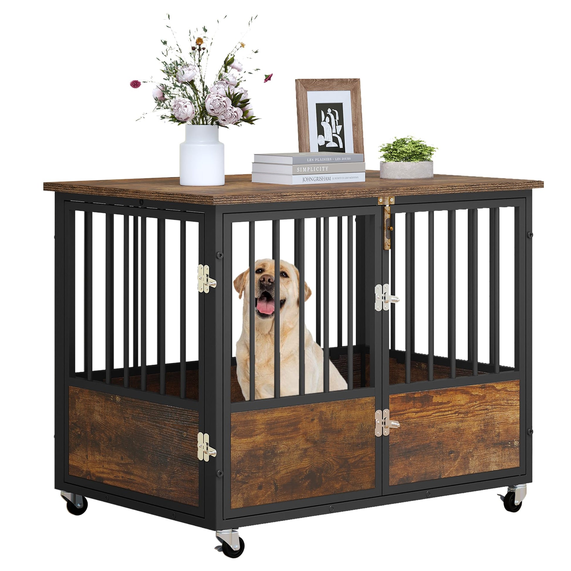 YITAHOME Rustic Heavy Duty Dog Crate Furniture with Wheels, Double-Doors Metal Dog Kennel Indoor for Small Medium Dogs, Decorative Dog House Side End Table, Chew-Resistant Wooden Dog Cage - WoodArtSupply