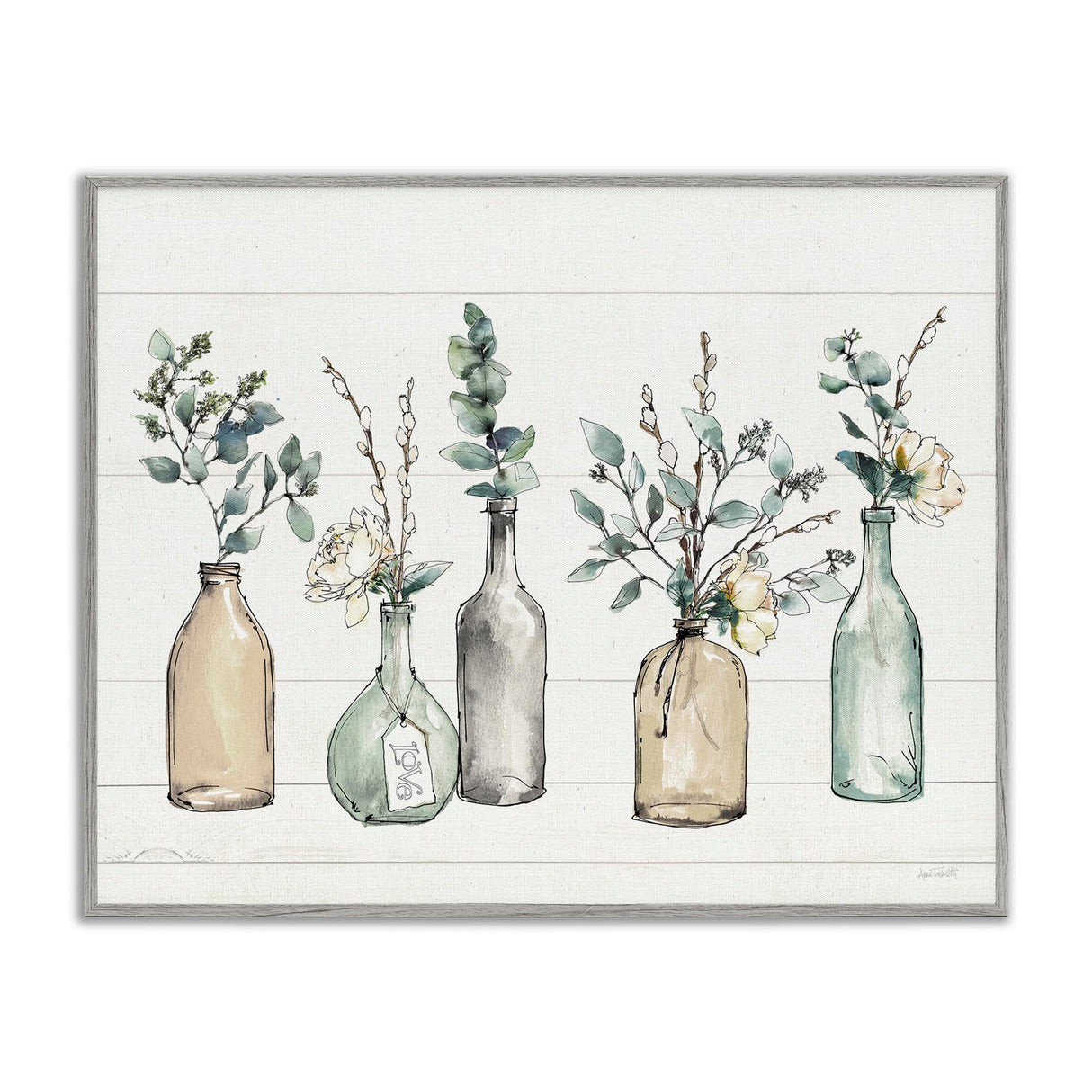 Stupell Industries Bottles and Plants Farm Wood Textured, Design by Anne Tavoletti Wall Art, 11 x 14, Multi-Color for Living Room, Grey Framed Stupell Industries