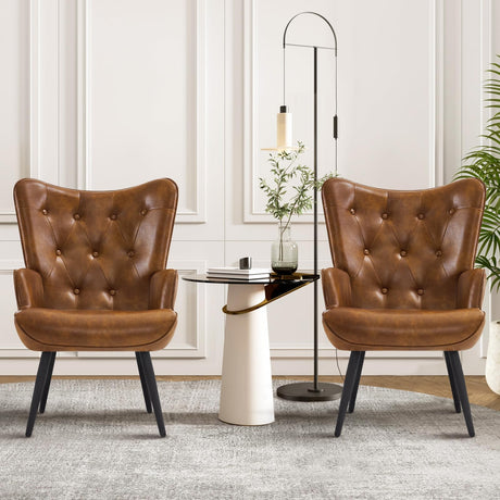 Furnimart Faux Leather Accent Chair Mid Century Modern Living Room Chairs; Comfy Armchair Leisure Vanity Guest Wingback Chair for Office Study Vanity Bedroom Waiting Room PU Yellow Brown Furnimart