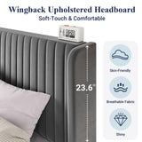 Allewie Full Size Velvet Bed Frame/Vertical Channel Tufted Wingback Headboard/Upholstered Platform Bed/Strong Wooden Slats/No Box Spring Needed/Easy Assembly/Grey Allewie