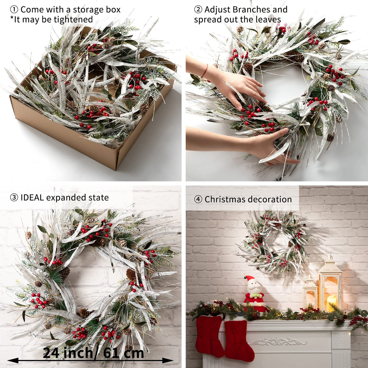 LOHASBEE Artificial Christmas Wreath, 24" Snow Flocked Pine Cone Grapevine Frosted Wreath with Red Berries Eucalyptus for Front Door Winter Christmas Home Hanging Wall Window Party Decor LOHASBEE