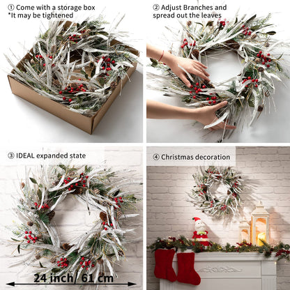 LOHASBEE Artificial Christmas Wreath, 24" Snow Flocked Pine Cone Grapevine Frosted Wreath with Red Berries Eucalyptus for Front Door Winter Christmas Home Hanging Wall Window Party Decor