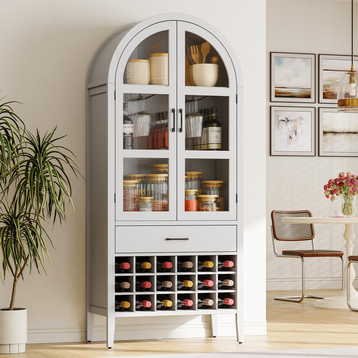 ONBRILL 71" Tall Wine Bar Cabinet, Arched Storage Cabinets with Door, Whiskey Station with Wine Rack and Glass Holder, Liquor Bar Cabinet for Home Kitchen Living Dining Room (Off White) ONBRILL