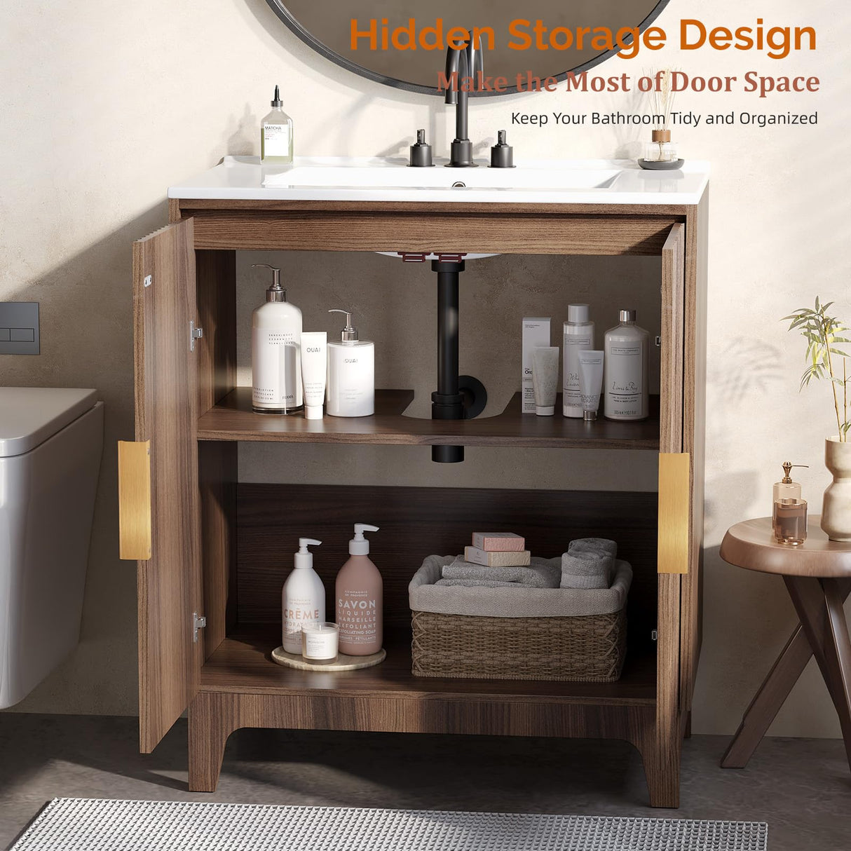 VINGLI 30Inch Walnut Fluted Bathroom Vanity with Ceramic Sink, 2-Door Cabinet, Mid-Century Modern Style, Perfect for Medium to Small Bathrooms VINGLI