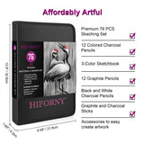 HIFORNY 76 PCS Drawing Set Sketching Kit,Sketch Pencils Art Supplies with Graphite,Charcoal,Blending Tools & Accessories,Portable Zippered Travel Case for Artists & Beginners HIFORNY