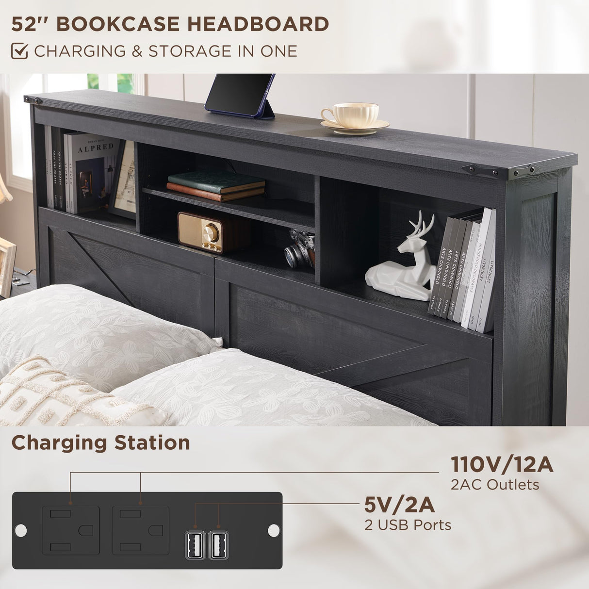 ACCOHOHO Farmhouse King Size Wood Bed Frame with 52" Tall Storage Headboard and 4 Drawers,LED Light,Charging Station,Solid Wood Slats Support,Noiseless,No Box Spring Needed,Black ACCOHOHO