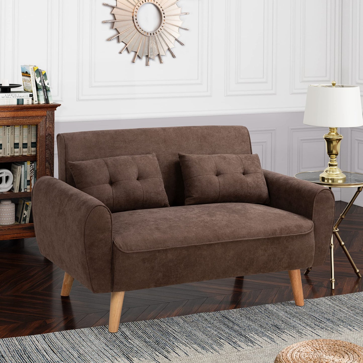 Shintenchi Small Modern Loveseat Couch Sofa, Mid Century Fabric Upholstered 2-Seat Sofa Couch Love Seats Furniture for Small Space,Living Room,Studio,Apartment with 2 Pillows,Brown