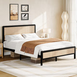 CHABUILDREARK Rattan Bed Frame Queen, Metal Platform Bed with Headboard, Bed Frame Queen Size with Steel Slats Support, No Box Spring Needed, Noise-Free, Easy Assembly, Black CHABUILDREARK