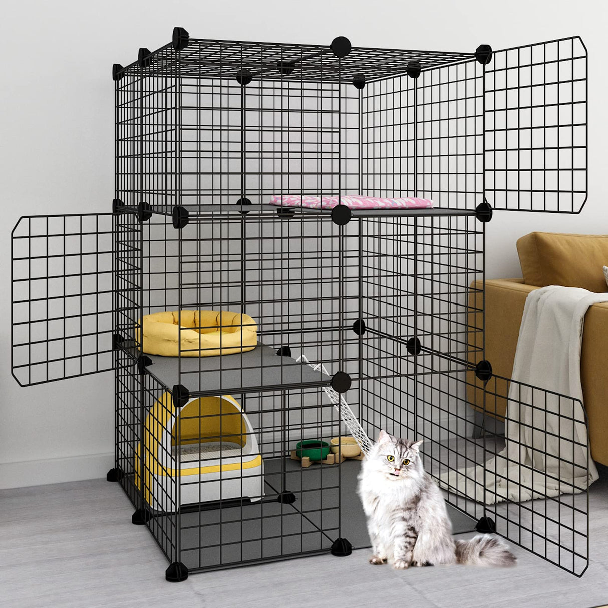 Eiiel 3-Tier Cat Cage Indoor Enclosure DIY Cat Playpen Catio Detachable Metal Wire Kennels 2Lx2Wx3H Crate Large Exercise Place Ideal for 1-2 Cats, Black Eiiel