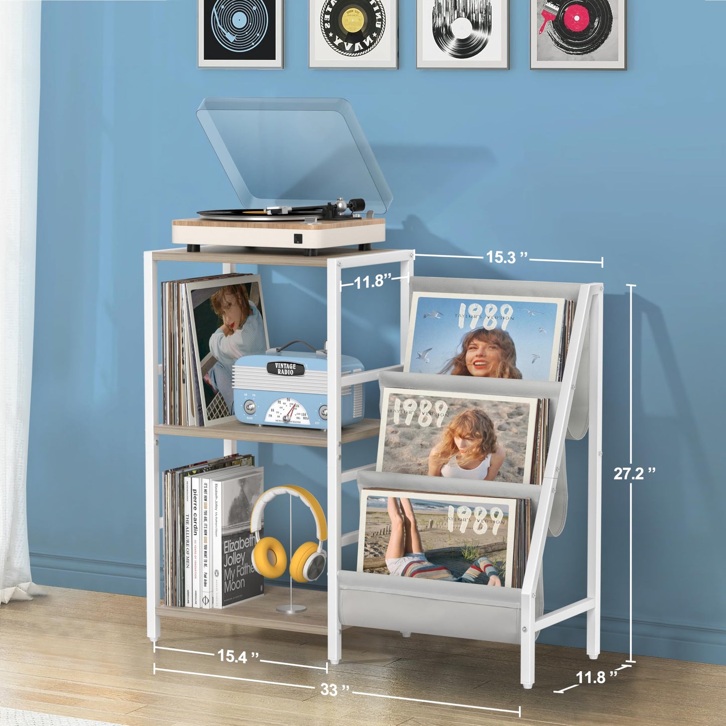 Record Player Stand with Vinyl Storage, Record Player Table with Record Storage 200 Albums, Turntable Stand with Record Holder Vinyl Display Shelf, Record Cabinet Media Stereo