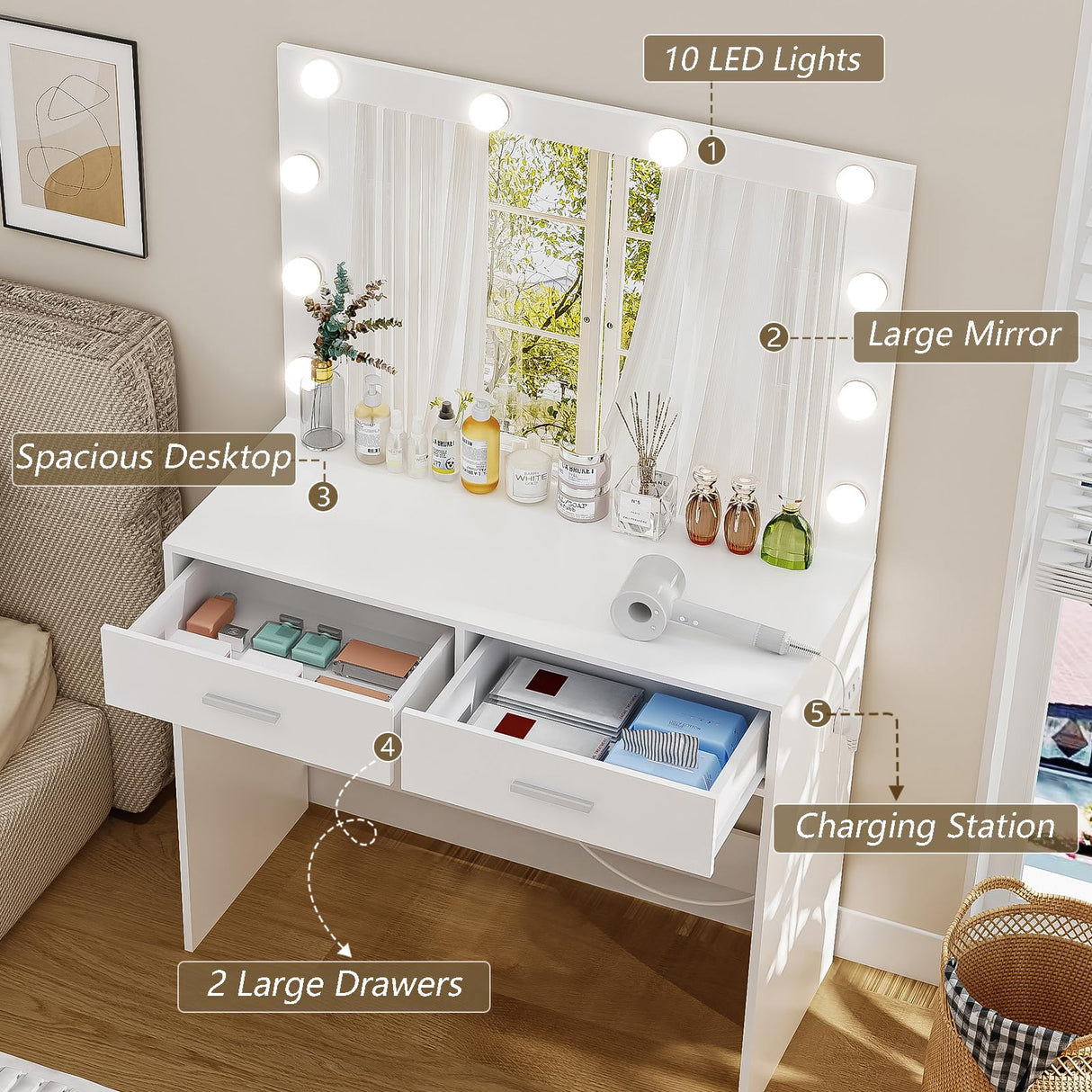 usikey Vanity Desk with Large Lighted Mirror, Makeup Vanity with 10 Lights, 2 Drawers & Power Strip, Vanity Desk Set, Dressing Vanity Tables for Women Girls, Bedroom, White usikey