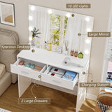 usikey Vanity Desk with Large Lighted Mirror, Makeup Vanity with 10 Lights, 2 Drawers & Power Strip, Vanity Desk Set, Dressing Vanity Tables for Women Girls, Bedroom, White usikey