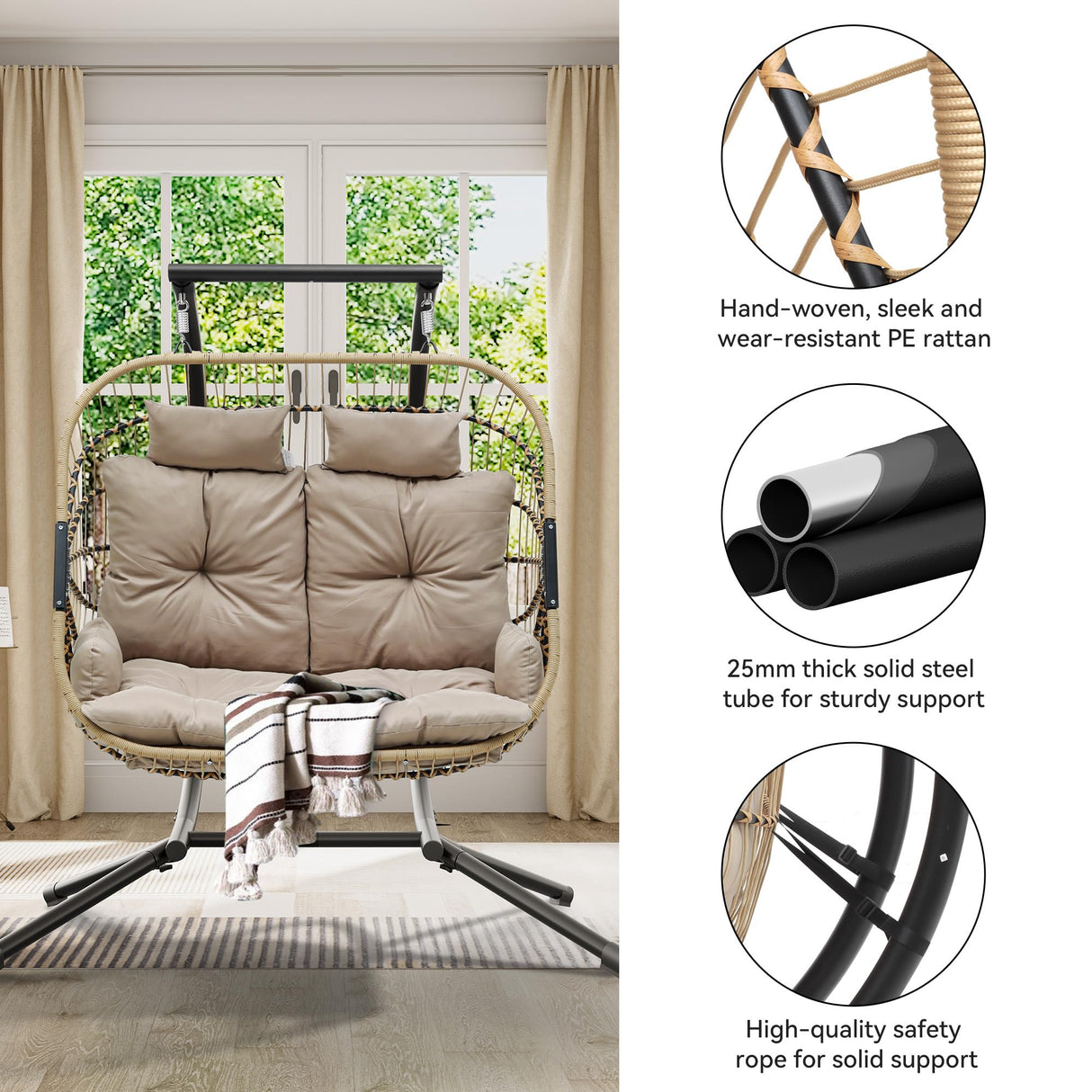 YITAHOME Hanging Egg Swing Chair with Stand Egg Chair Wicker Indoor Outdoor Hammock Egg Chair with Cushions 550lbs for Patio, Bedroom, Garden and Balcony YITAHOME