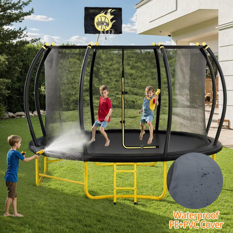 14FT Pumpkin Trampoline with Basketball Hoop, Balance Bar and Enclosure Net, Outdoor Trampoline for Kids and Adults, Capacity 880 lbs JINS&VICO