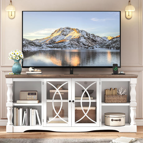 YITAHOME Farmhouse TV Stand with Mount for 32-70 Inch TVs, Entertainment Center with Power Outlets, Media Console Cabinet with Tempered Glass Doors for Living Room, Washed Grey & White YITAHOME