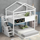 Harper & Bright Designs House Bunk Bed with Stairs,Twin Over Full Bunk Beds with Blackboard,Wood Kids Floor Bunk Bed Frame with Storage Shelves,Space-Saving Design, White Harper & Bright Designs
