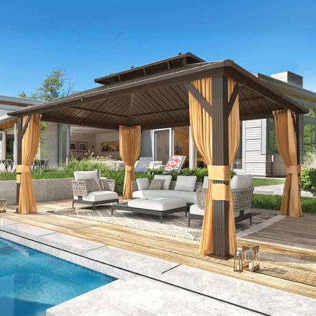MELLCOM 12'x16' Hardtop Gazebo, Galvanized Steel Metal Double Roof Aluminum Gazebo with Curtains and Netting, Brown Permanent Pavilion Gazebo with Aluminum Frame for Patio, Lawn & Garden MELLCOM