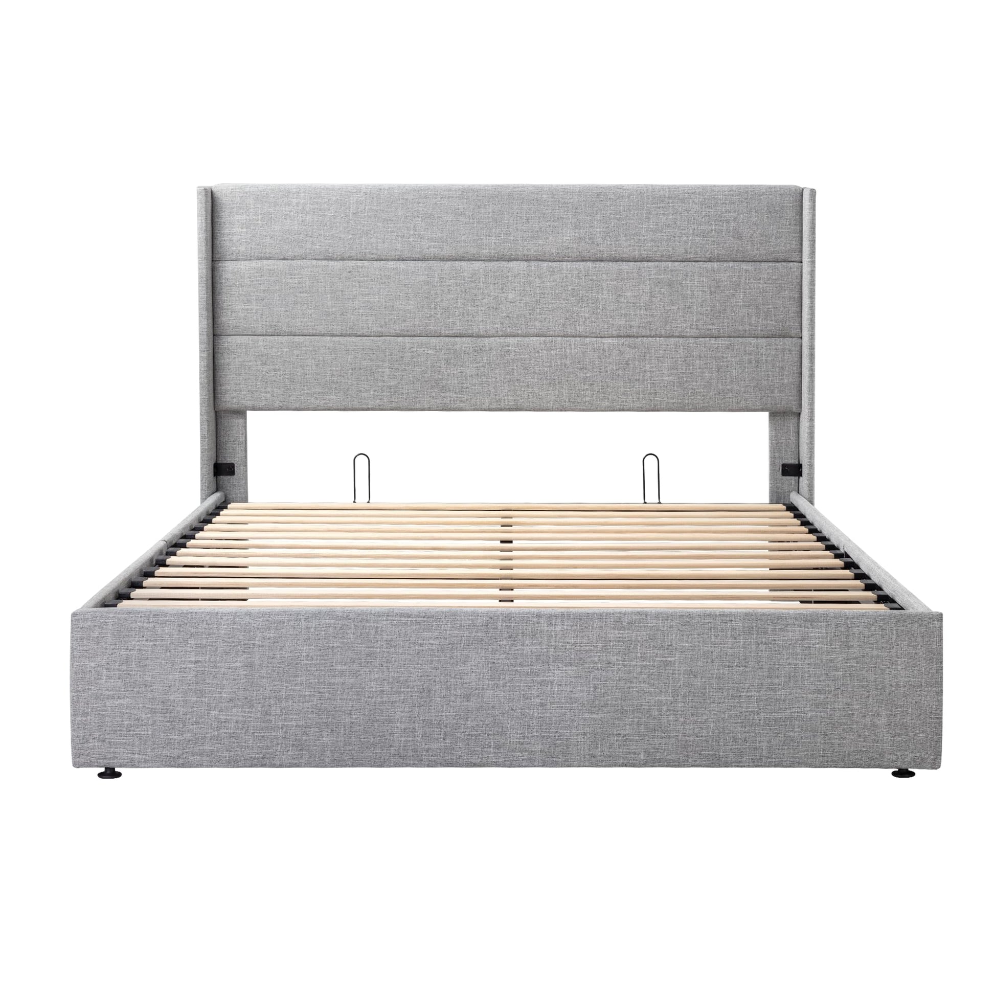 Queen Size Hydraulic Lift Storage Bed with Modern Wingback Headboard in Light Grey - WoodArtSupply