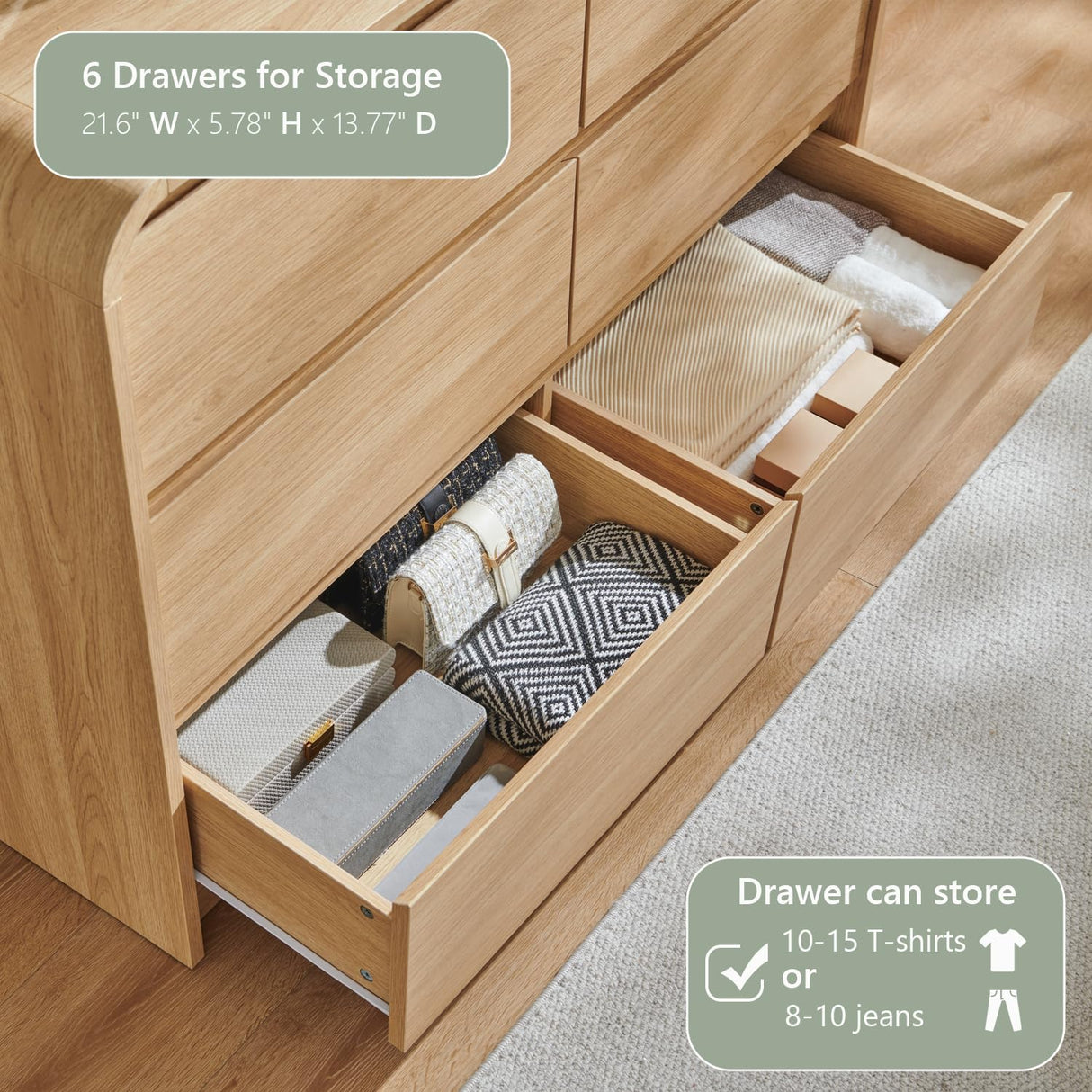 Aitjunz Modern 6 Drawers Dresser for Bedroom, 47" Wide Wood Dressers & Chests of Drawers w/Curved Profile Design, Mid Century Modern Dresser w/Natural Texture for Bedroom, Living Room, Natural Oak Aitjunz