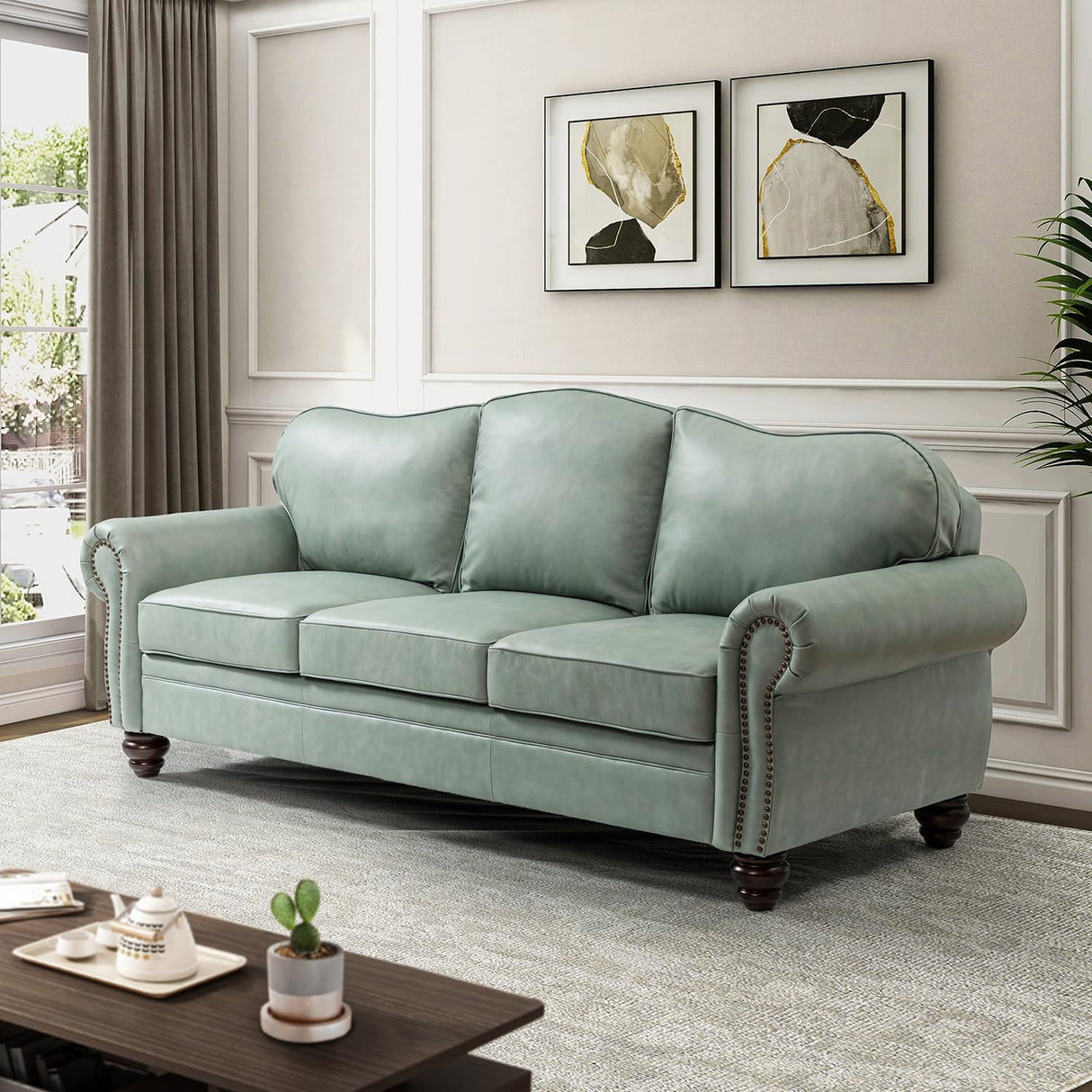 HULALA Home 81'' Upholstered Leather Sofa with Nailhead Trim and Rolled Armrests, Mid-Century Modern Living Room 3-Seater Couch, Sage Couch with Removable Cushion for Bedroom Apartment HULALA HOME