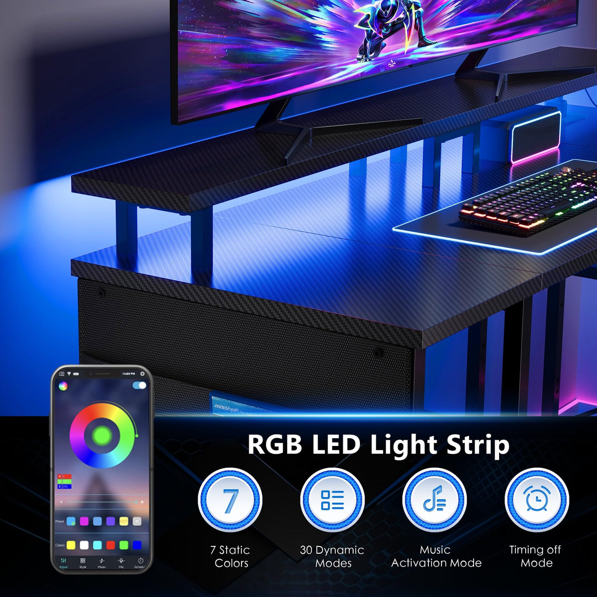 Maihail 51 inch L Shaped Desk with LED Lights & Power Outlets, Reversible Gaming Desk with Shelves & Monitor Stand, Computer Desk with Storage Side Bag，Corner Desk for for Bedroom Gaming Room, Black. Maihail