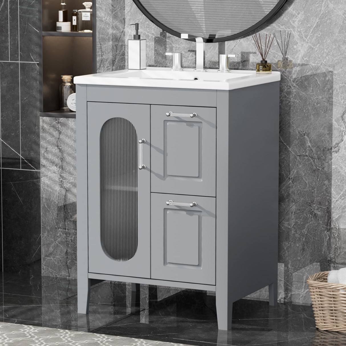 Harper & Bright Designs 24" Bathroom Vanity with Sink, Free Standing Single Basin Vanity Set with Two Drawers and Glass Door, Modern Wooden Bathroom Cabinet with Ceramic Basin for Bathroom, Grey Harper & Bright Designs