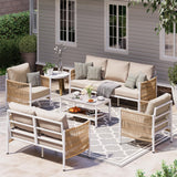 Oasbira Aluminum Outdoor Patio Furniture Set, HDPE Rope 5 Piece Modern Sectional Conversation Sets with Dual-Layer Coffee Table, All Weather Patio Couch Sofa with Thick Cushions, White Frame, Ivory Oasbira