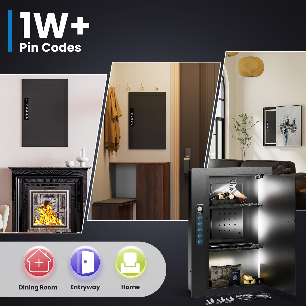 Grimtron Quick Access Wall Safe with Removable Pegboard & Shelfs, Flat Hidden Wall Safes Between The Studs 16" Centers, Black Wall Mount Safe for Valuables Grimtron