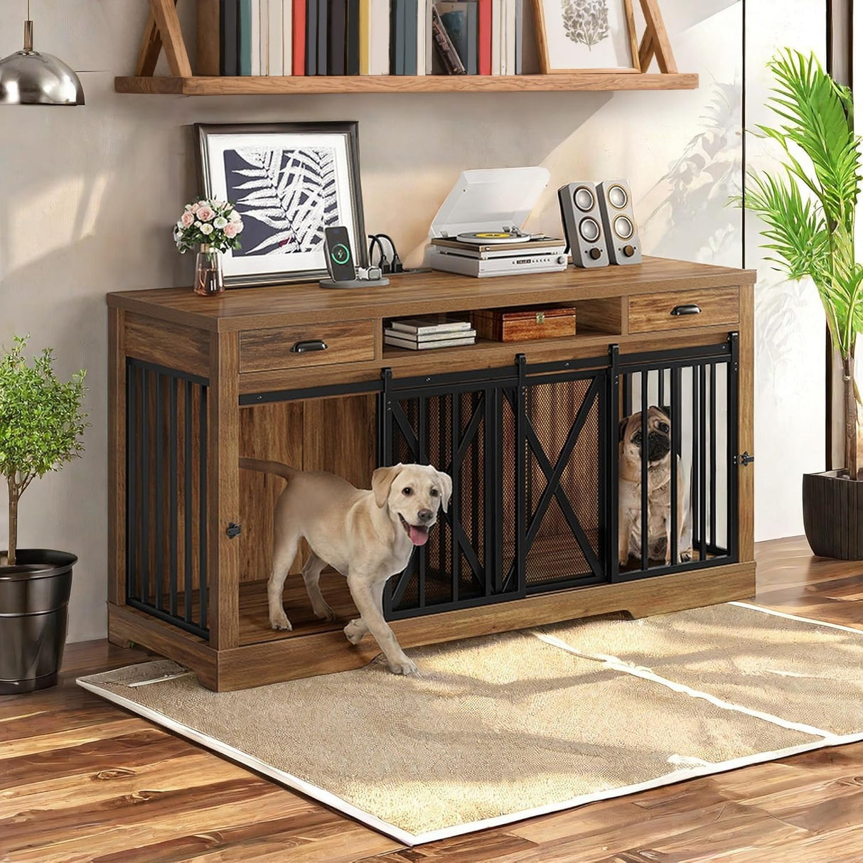 YITAHOME 63 Inch Double Dog Crate TV Stand with Charging Station, Heavy Duty Wooden Cage Furniture for 2 Dogs, Dog Kennel Indoor Furniture Double Sliding Barn Door Design Ideal for 2 Dogs, Oak YITAHOME
